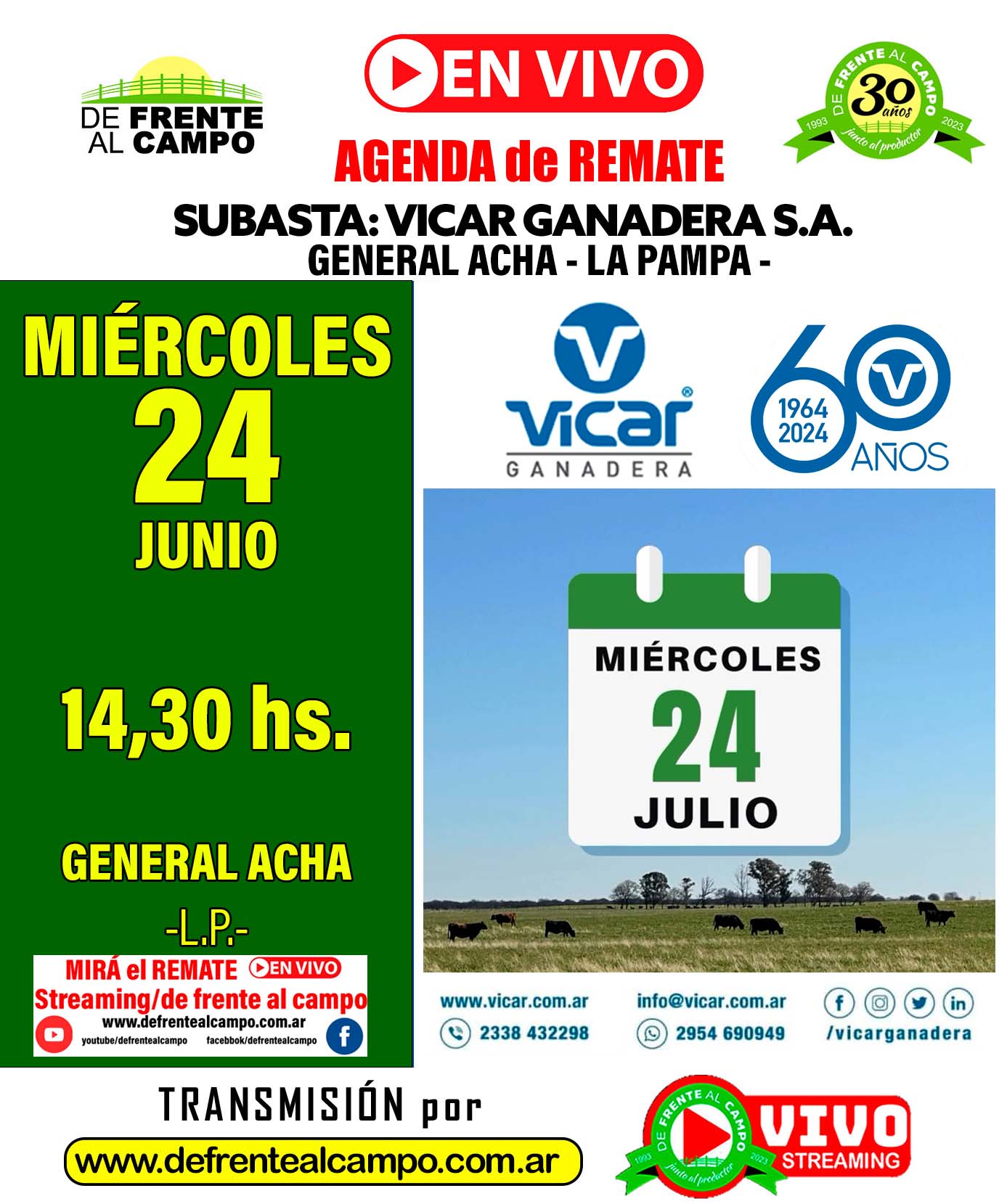 Vicar Ganadera S.A. | General Acha – La Pampa | Próximo Remate Feria el miércoles 24 de julio del 2024