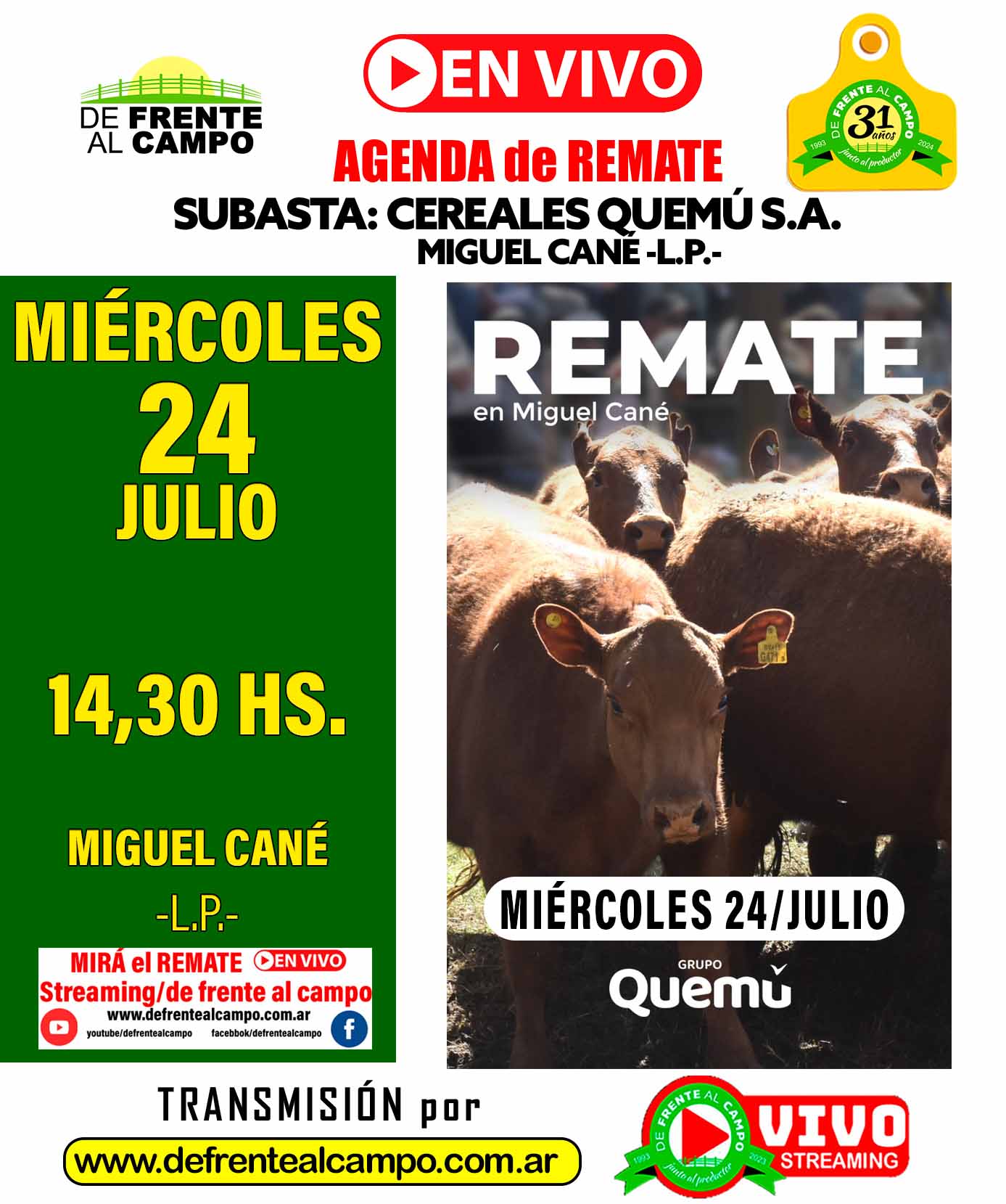 Cereales Quemú S.A. | Miguel Cané – La Pampa | Próximo Remate Feria el miércoles 24 de julio 2024
