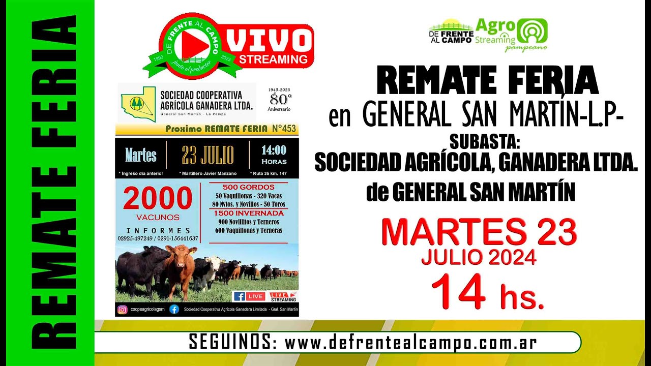 Remate de Ganaderos de Soc. Coop. de General San Martín | General San Martín – L.P. | 23-07-2024