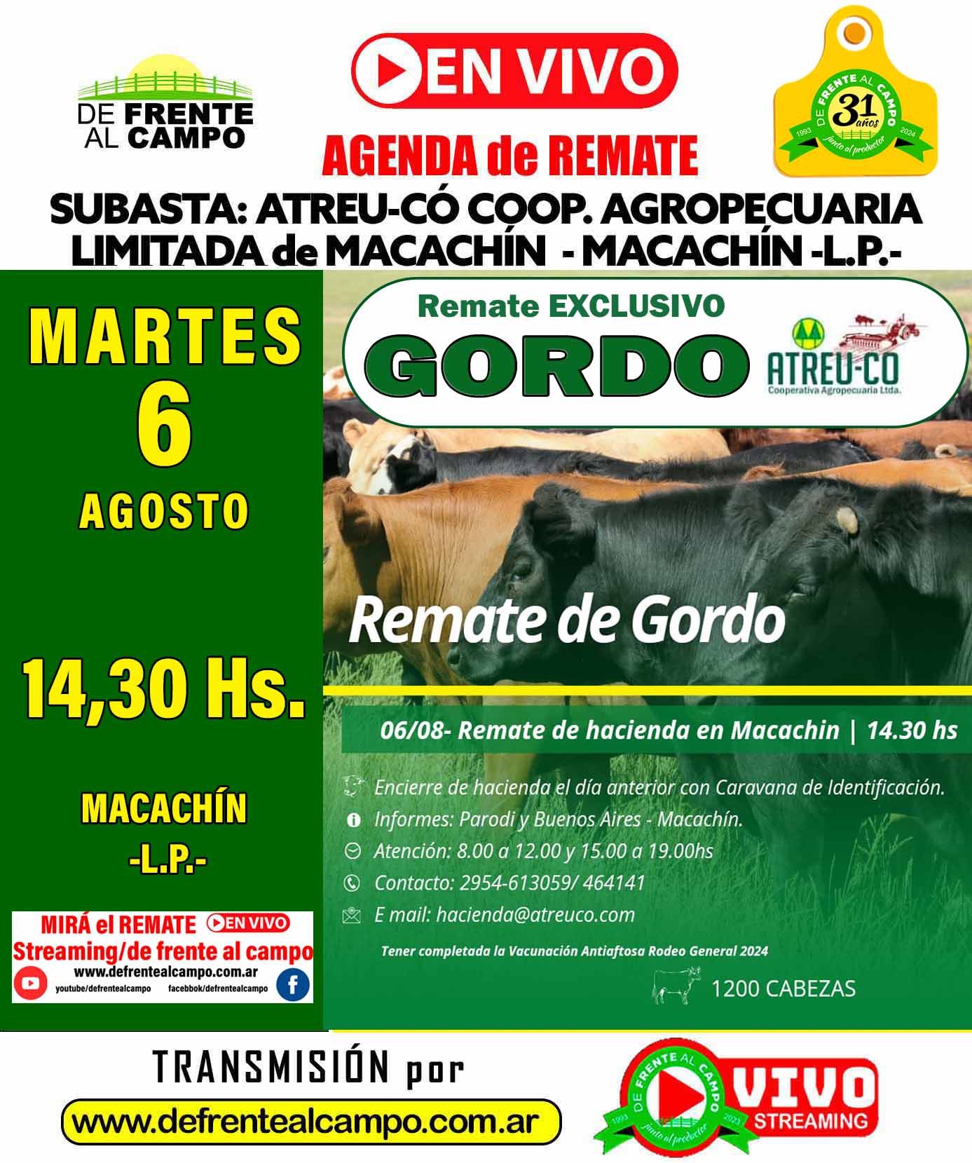 ATREU-CO | Macachín – La Pampa | Próximo Remate Feria el martes 06 de agosto del 2024