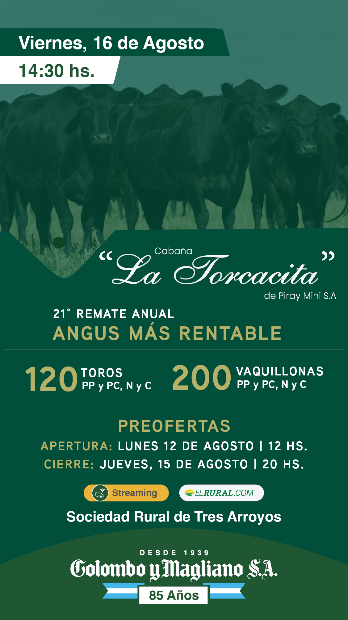 Colombo y Magliano S.A |  La Torcacita | Tres Arroyos, Bs. As. | Próximo Remate Feria el viernes 16 de agosto del 2024