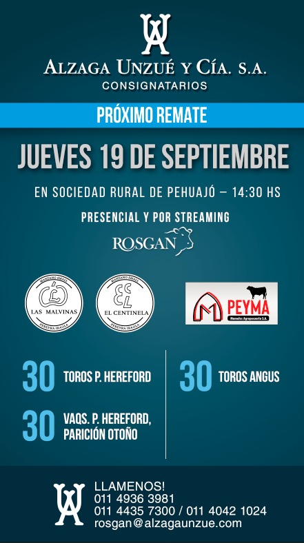 Alzaga Unzué y Cía | Pehuajó, Prov. Bs. As. | Próximo Remate Feria el Jueves 19 de septiembre 2024