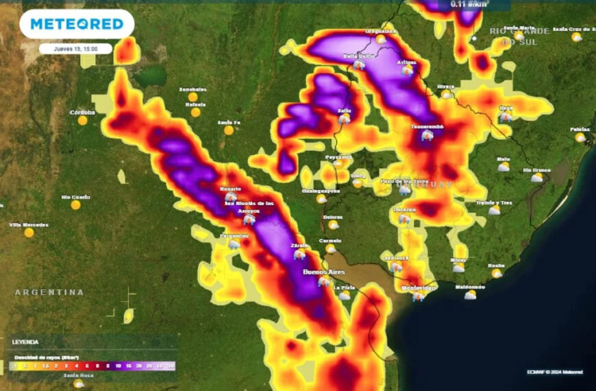 Probable tiempo fuerte a severo en el centro de Argentina el jueves 19, según los expertos de Meteored