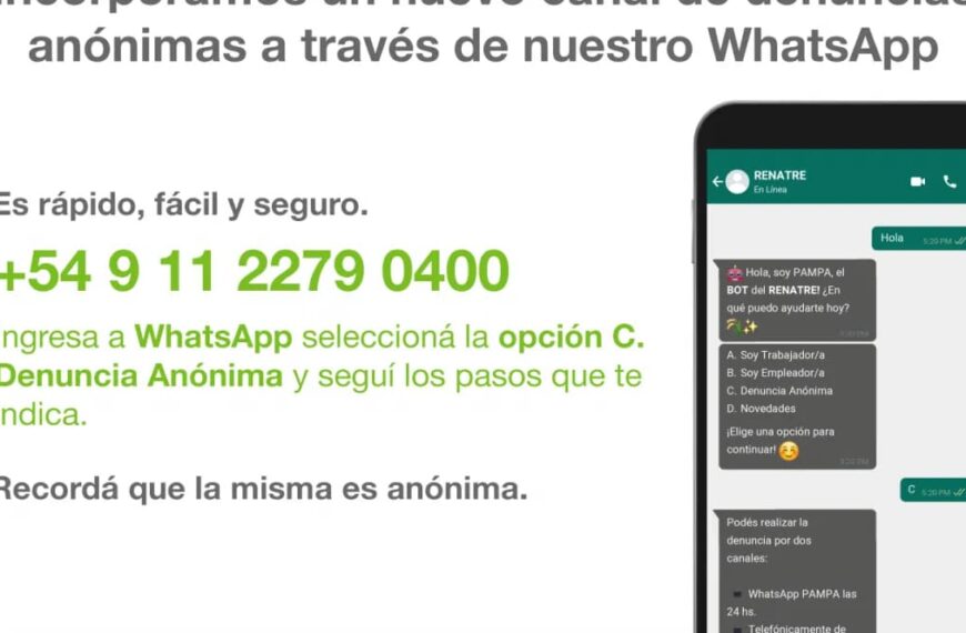 El RENATRE lanzó nuevo canal de denuncias anónimas a través del WhatsApp