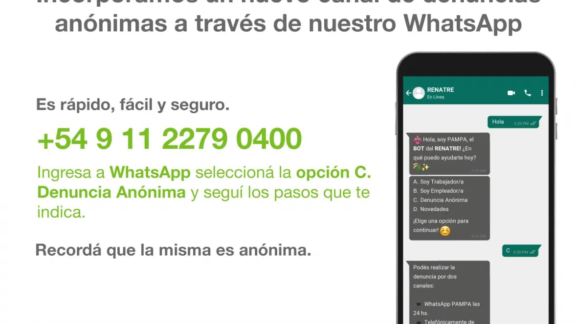 El RENATRE lanzó nuevo canal de denuncias anónimas a través del WhatsApp