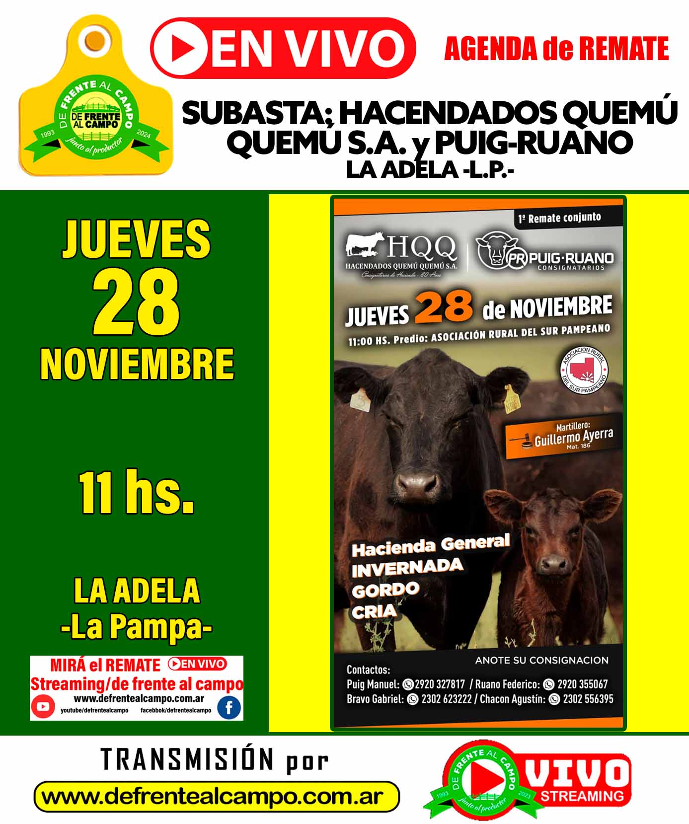 Hacendados Quemú Quemú S.A. y Puig-Ruano | Asociación Rural del Sur Pampeano | Próximo Remate Feria el Jueves 28 de noviembre 2024