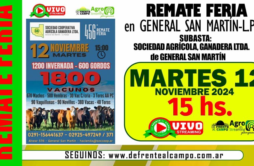 Remate de Sociedad Cooperativa Agrícola Ganadera Ltda. | General San Martín, La Pampa | 12/11/2024