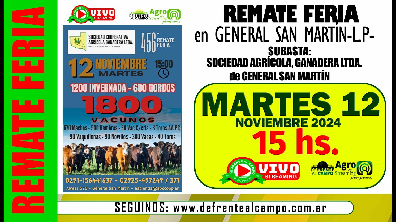 Remate de Sociedad Cooperativa Agrícola Ganadera Ltda. | General San Martín, La Pampa | 12/11/2024