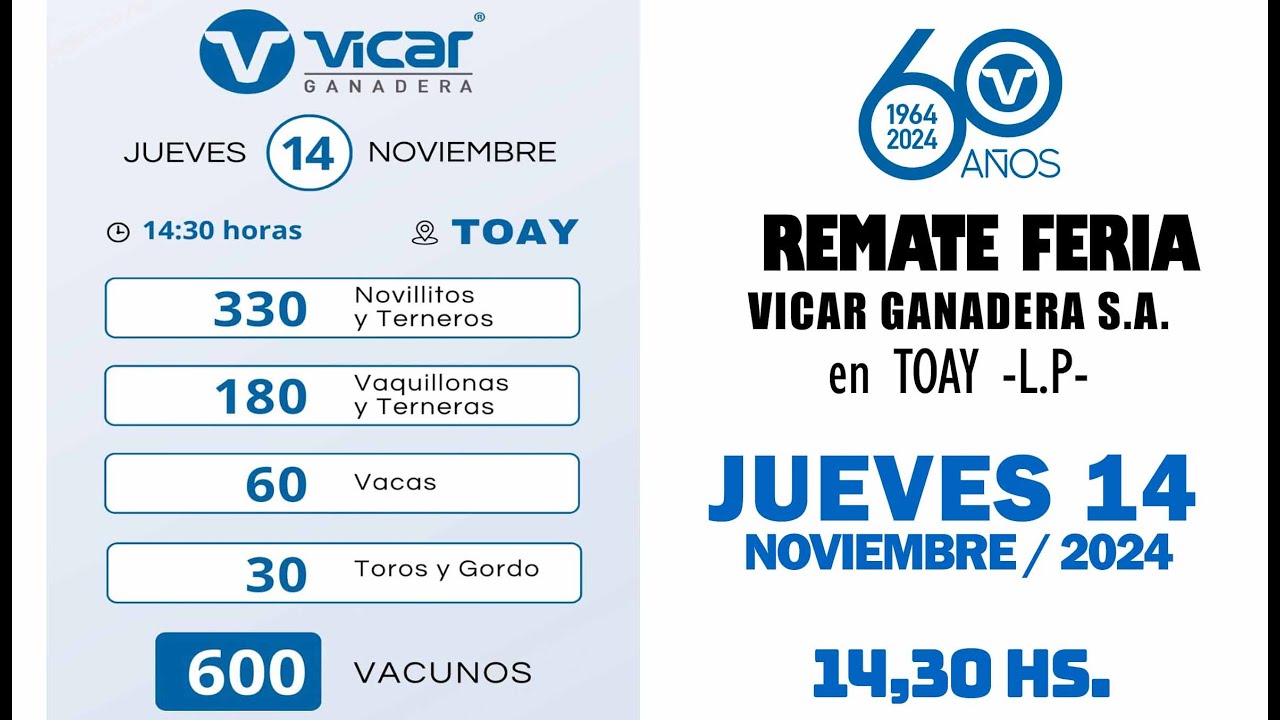 Remate de Vicar Ganadera S.A. | Toay – La Pampa | 14/11/2024