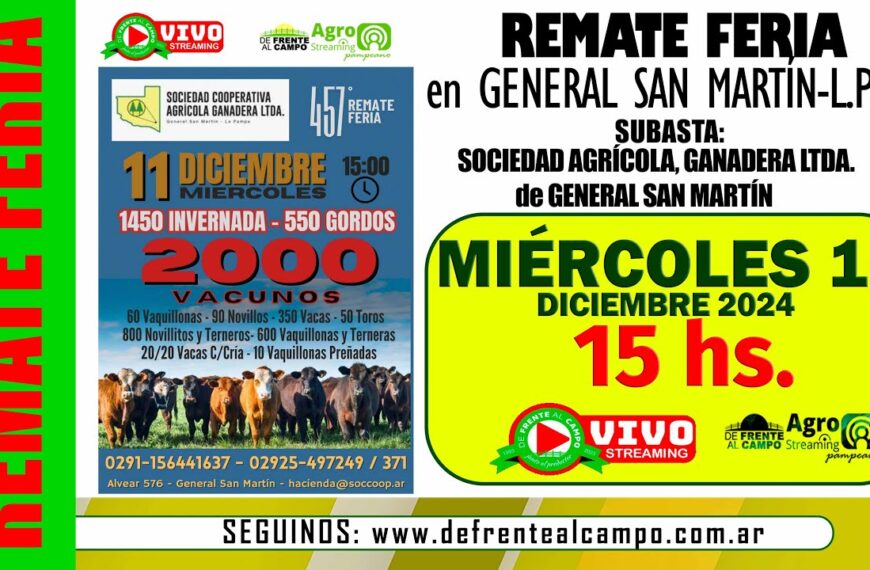 Remate de Sociedad Cooperativa Agrícola Ganadera Ltda. | General San Martín – La Pampa | miércoles 11/12/2024