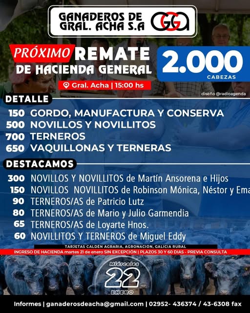 Ganaderos de General Acha S.A. | General Acha | Próximo Remate Feria el Miércoles 22 de enero 2025