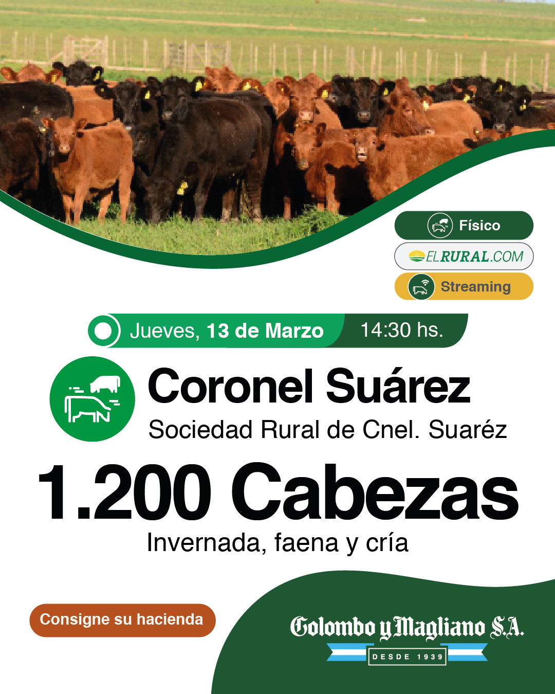 Colombo y Magliano S.A. | Sociedad Rural de Coronel Suárez, Buenos Aires | Próximo Remate Feria el Jueves 13 de marzo de 2025